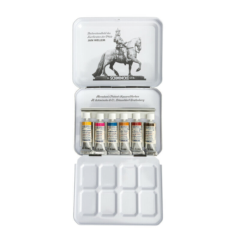 6 x 5 ml "Retro II" Jan Wellem, Dusseldorf set in metalen etui Schmincke Horadam Aquarelverf