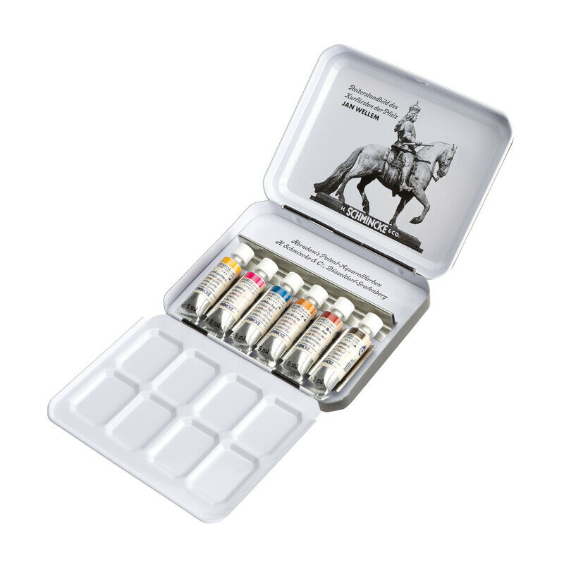 6 x 5 ml "Retro II" Jan Wellem, Dusseldorf set in metalen etui Schmincke Horadam Aquarelverf