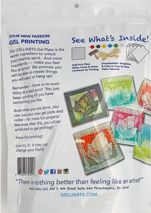 Details van de Gelli Arts Stamping Kit met voorbeelden van prints en de QR-code voor videotutorials.