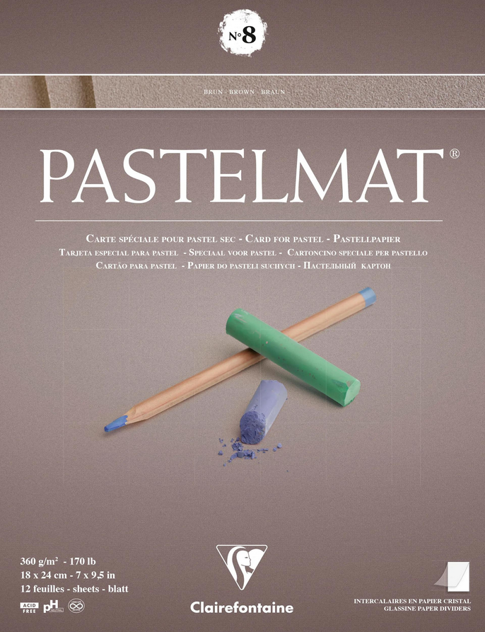 Voorkant van het Pastelmat No 8 Pastel Papier verlijmd Bruin met fluweelachtige structuur van Clairefontaine, 18 x 24 cm  96013