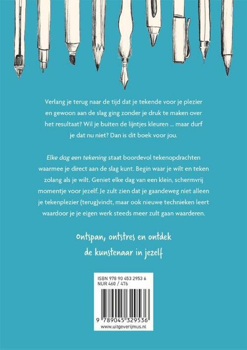 Achterkant van het boek Elke dag een tekening met illustraties van diverse pennen en potloden bovenaan en de flaptekst. 9789045