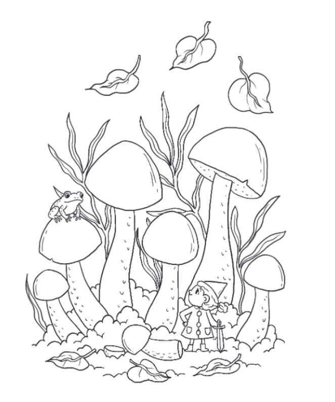Gedetailleerde kleurplaten uit het Jaargetijden kleurboek, waaronder een sprookjesachtig tafereel met gigantische paddenstoelen