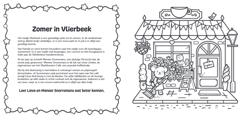 Voorbeelden van de dikke, duidelijke lijnen in het Tortelduifjes kleurboek, waaronder schattige diertjes die een bordspel spele