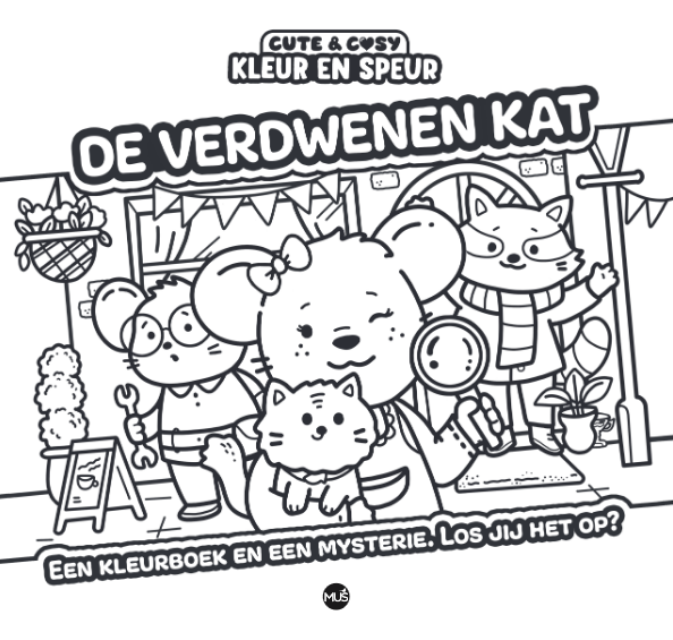 Voorbeelden van de dikke, duidelijke lijnen in het Tortelduifjes kleurboek, waaronder schattige diertjes die een bordspel spele