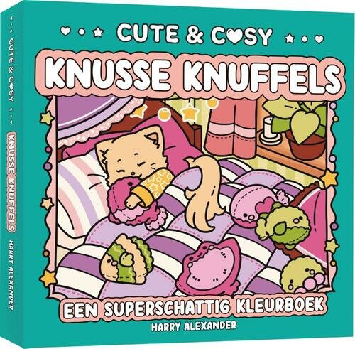 Omslag van het kleurboek Knusse knuffels uit de Cute &amp; Cosy serie. Een illustratie van een slapend katje in een bedje, omri