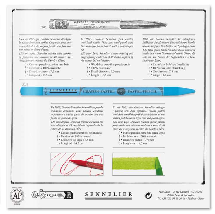 Informatieve achterkant van de Sennelier Pastel Pencil verpakking met uitleg over de 100% pigment stiften. N132340.03 304645199