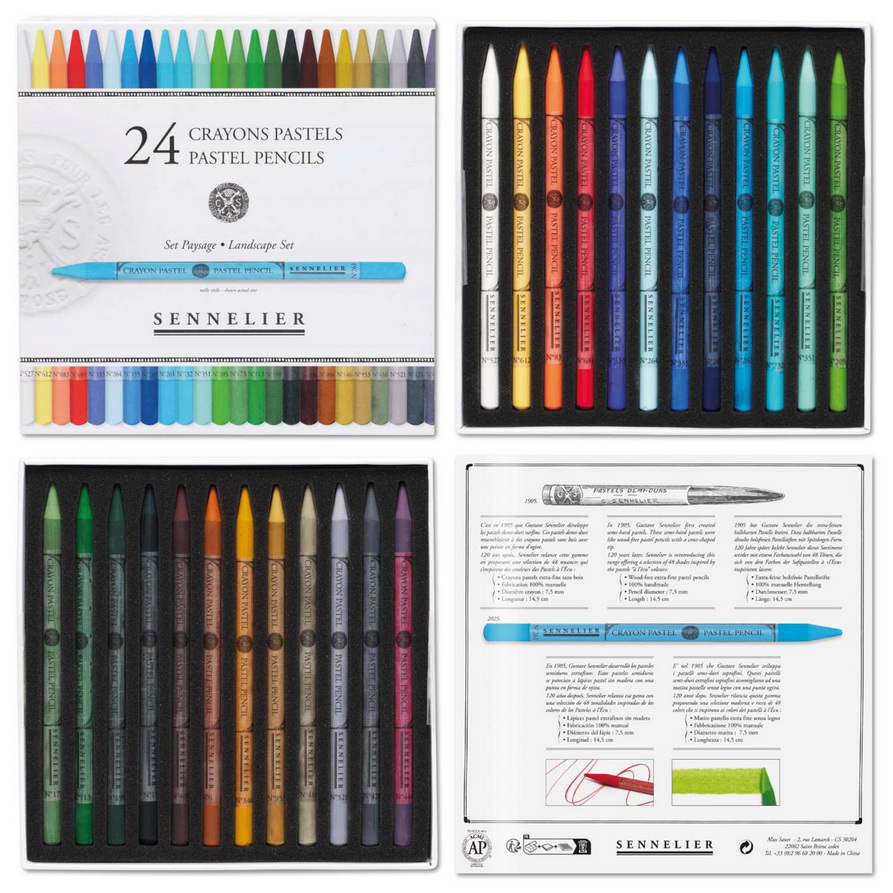 Compleet overzicht van de Sennelier Landscape Set met 24 hele pastelstiften, inclusief verpakking, beide inlays en de informati