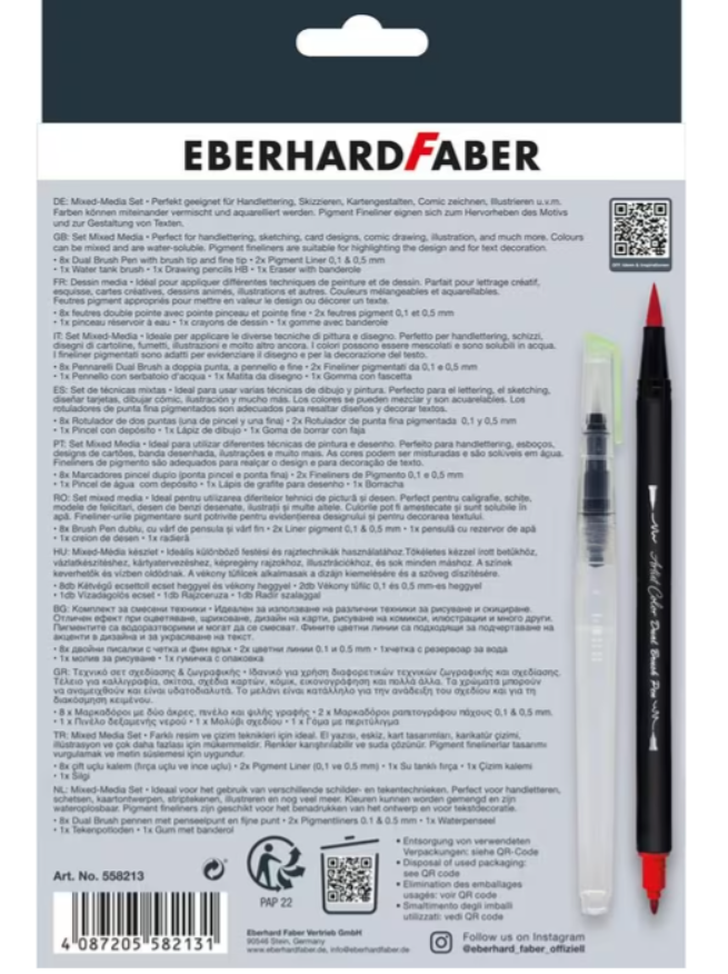 Achterkant van de verpakking van de Eberhard Faber Mixed-Media Set. Toont de productomschrijving en inhoud in meerdere talen, d