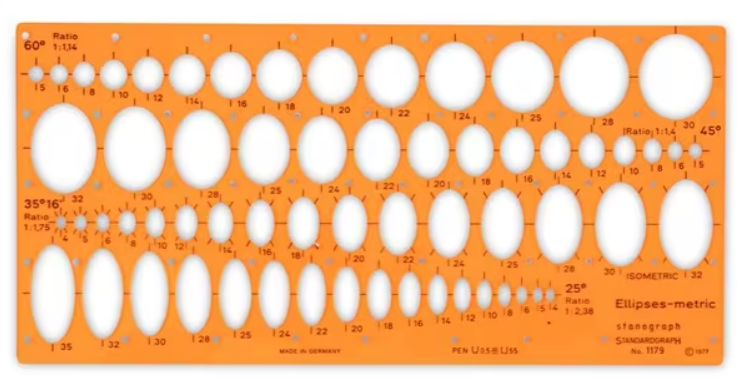 Een bovenaanzicht van het transparant oranje Standardgraph ellips sjabloon. Het sjabloon toont vier rijen met ellipsuitsparinge