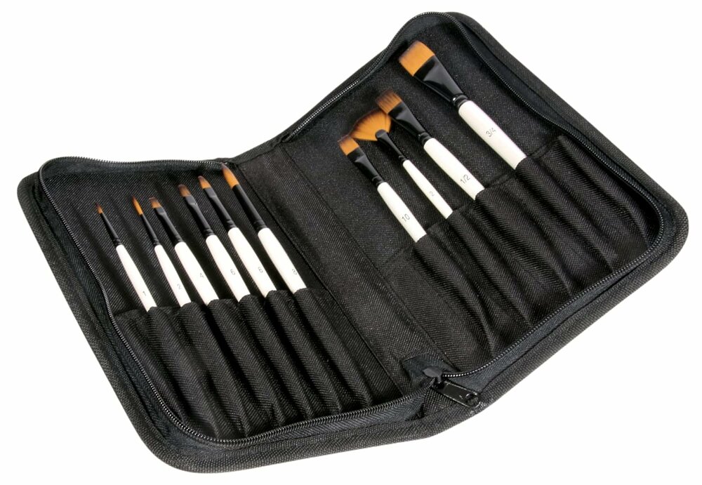 Het geopende zwarte etui van de Daler-Rowney penselenset. Binnenin worden de 10 penselen met witte, korte stelen en donker synt