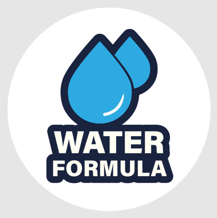 Een rond wit icoon met een donkerblauwe rand, waarin twee helderblauwe waterdruppels staan afgebeeld boven de tekst 'WATER