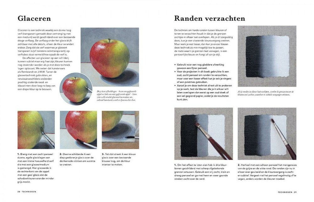 Inkijkexemplaar pagina 28 en 29 over olieverftechnieken. Met gedetailleerde foto's wordt uitgelegd hoe je de techniek &amp;#
