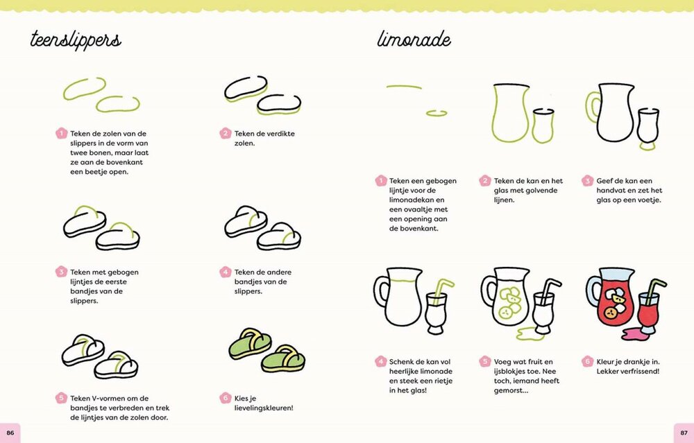Inkijkexemplaar pagina 86 en 87. Bevat makkelijke, stap-voor-stap instructies voor het tekenen van een paar teenslippers op de 