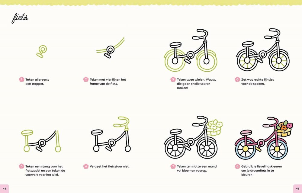Inkijkexemplaar pagina 42 en 43 met de titel 'fiets'. Stap-voor-stap instructies met acht duidelijke tekeningen om ee