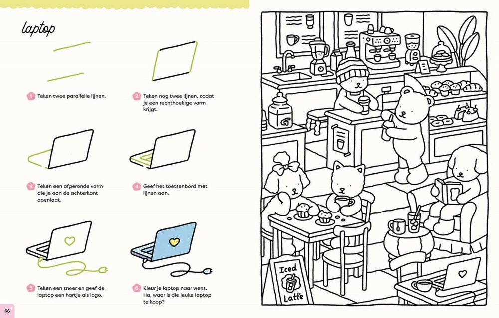 Inkijkexemplaar pagina 66 en 67. Op de linkerpagina staan stap-voor-stap tekeninstructies voor een laptop. Op de rechterpagina 