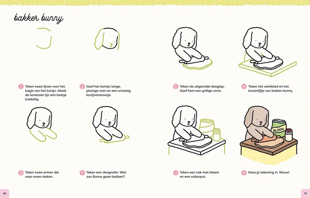 Inkijkexemplaar pagina 16 en 17 met de titel 'bakker bunny'. Een acht-stappen tekeninstructie om een schattig konijnt