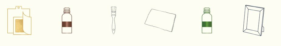 Zes minimalistische lijntekeningen (pictogrammen) op een rij die de inhoud van de starterkit symboliseren. Van links naar recht
