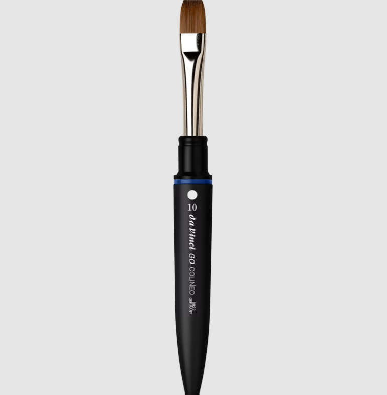 Een volledig uitgeklapt da Vinci GO COLINEO reis-aquarelpenseel (Serie 8822) met een platte, synthetische haarbundel. Het handv