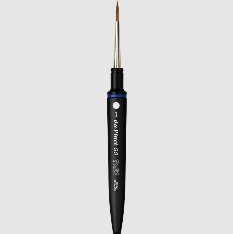 Een volledig uitgeklapt da Vinci GO COLINEO reis-aquarelpenseel (Serie 8532) met een ronde, extra lange en spitse synthetische 