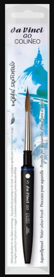 Een langwerpige blisterverpakking van het da Vinci GO COLINEO ronde, extra spitse aquarelpenseel. Op de verpakking staat een aq
