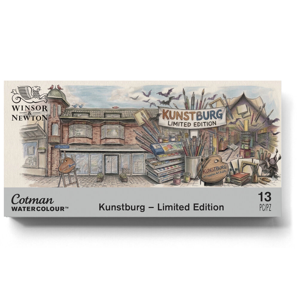 De voorkant van de verpakking van de Kunstburg Limited Edition aquarelset. Het artwork toont een gedetailleerde, getekende illu