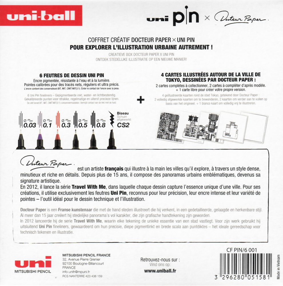 Scan van de achterkant van de Uni-ball Pin x Docteur Paper Tokyo verpakking. Bevat informatie over de Franse kunstenaar Docteur