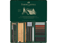 Geopend bliketui van de 33-delige Faber-Castell Pitt Monochrome tekenset met grafiet en houtskool. FC-112977 4005401129776