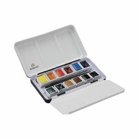 12 napjes + penseel Monogepigmenteerde Kleuren set Rembrandt Professionele Aquarelverf set open geklapt inhoud zichtbaar