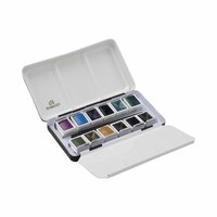 Inhoud van de set (open geklapt): 12 napjes + penseel Granulerende Kleuren set Rembrandt Professionele Aquarelverf