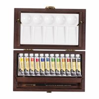 Inhoud set (open geklapt) van set: 12 x 10 ml tubes + accessoires luxe houten kist Rembrandt Professionele Aquarelverf