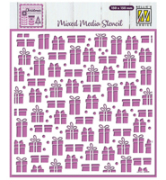 Presents stencil Nellie&rsquo;s Choice MMS4K-074 &ndash; feestelijk herbruikbaar sjabloon 150x150 mm voor kaarten en mixed media