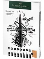 Faber-Castell Pitt Artist Pen set 8x zwart incl. schetsboek 140gr, lijnbreedtes XXS-FM met omdoos