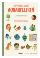 Cover van het boek 'Eenvoudig leren aquarelleren' door Kristin van Leuven, met vrolijke aquarel illustraties van 