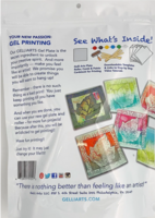 Details van de Gelli Arts Stamping Kit met voorbeelden van prints en de QR-code voor videotutorials.
