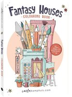 Omslag van het kleurboek Fantasy Houses door Carla Kamphuis. Een vrolijke illustratie van een glazen pot vol teken- en schilder