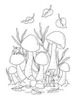Gedetailleerde kleurplaten uit het Jaargetijden kleurboek, waaronder een sprookjesachtig tafereel met gigantische paddenstoelen