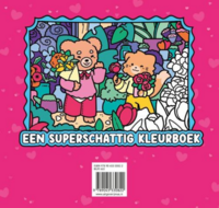 Achterkant van het kleurboek Tortelduifjes met een illustratie van twee schattige diertjes met bloemen in een bloemenwinkel en 