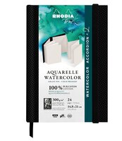 Retail-verpakking voor het A5 Rhodia Touch Aquarel Accordeon Schetsboek. De zwarte getextureerde kaft toont een illustratie van