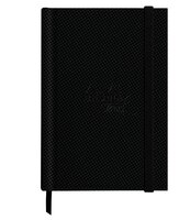 Een schone productrender van het gesloten Rhodia Touch zwarte getextureerde hardcover accordeon schetsboek, met de zwarte elast