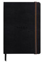 Gesloten A5 Rhodia Touch Mixed Media hardcover schetsboek in zwart canvas met elastieksluiting.