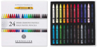 Geopende doos van de Sennelier Introductory Set met 24 kleurrijke halve pastelstiften in een zwarte inlay.