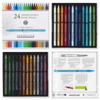 Compleet overzicht van de Sennelier Landscape Set met 24 hele pastelstiften, inclusief verpakking, beide inlays en de informati