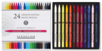 Voorkant van de Sennelier Set D&eacute;couverte verpakking naast een inlay met 12 warme kleuren hele pastelstiften. N132340.02 304645