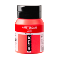 Een vrijstaande, frontale studiofoto van de Amsterdam Standard Series 500ml verfpot met de kleur Metallicrood (832). De pot hee