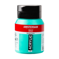 Een vrijstaande, frontale studiofoto van de Amsterdam Standard Series 500ml verfpot met de kleur Metallicgroen (836). De pot he
