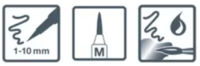 Drie vierkante producticonen van Eberhard Faber. Het linkse icoon toont een flexibele brushpunt voor lijnen van 1-10 mm, het mi