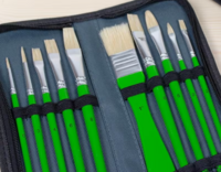Close-up van het geopende donkergrijze Kangaro etui. De 10 groene penselen in verschillende diktes en vormen (rond, plat, katte