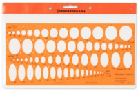 Het Standardgraph ellips sjabloon verpakt in een doorzichtige kunststof beschermhoes met een oranje ophangoog (header card). Op