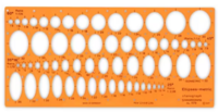 Een bovenaanzicht van het transparant oranje Standardgraph ellips sjabloon. Het sjabloon toont vier rijen met ellipsuitsparinge