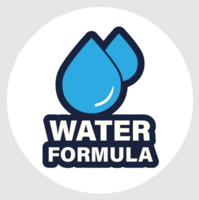 Een rond wit icoon met een donkerblauwe rand, waarin twee helderblauwe waterdruppels staan afgebeeld boven de tekst 'WATER
